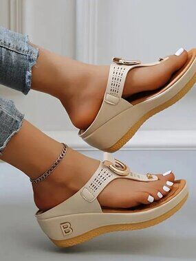Anti-Slip Women Orthopedic Sandals Casual Beach Comfy Shoes Mid-Wedge Flip Flops